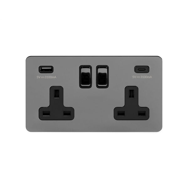 2G USB+C Socket w/ Black Insert - Flat Plate